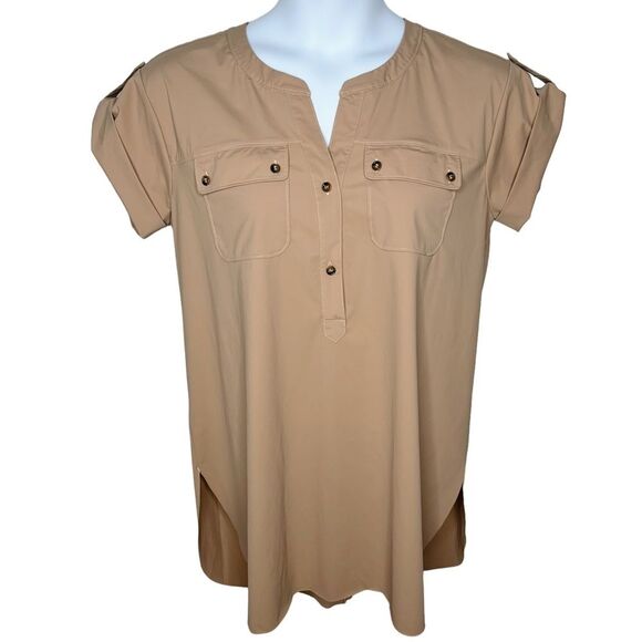 NWT Lysse Solstice Tunic Top sz L * Casual Nylon Front Pocket Pullover Shirt Tan - Picture 1 of 5